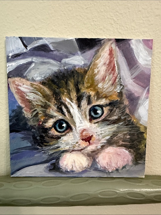 Original Use Other - Adorable Kitten Original Mixed Media Painting on 6”x 6” Canvas Panel